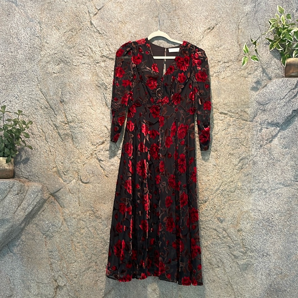 ASTR The Label, size small. Black with red velvet details, midi dress.